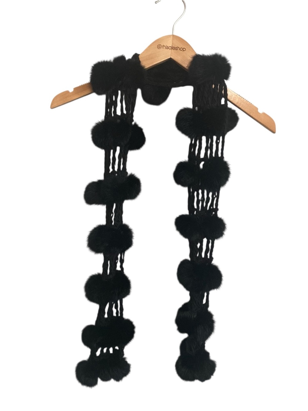 Genuine Rabbit Hair Fur Pom Pom Black Rope Scarf